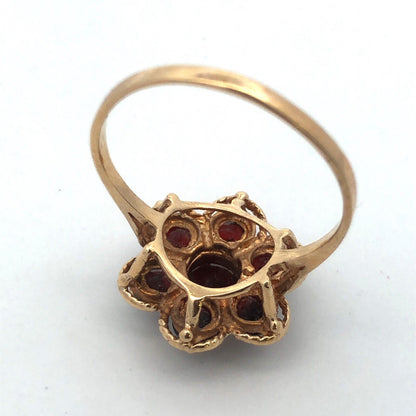 Vintage ESEMCO 10K Yellow Gold Round Garnet Floral Cluster Cocktail Ring