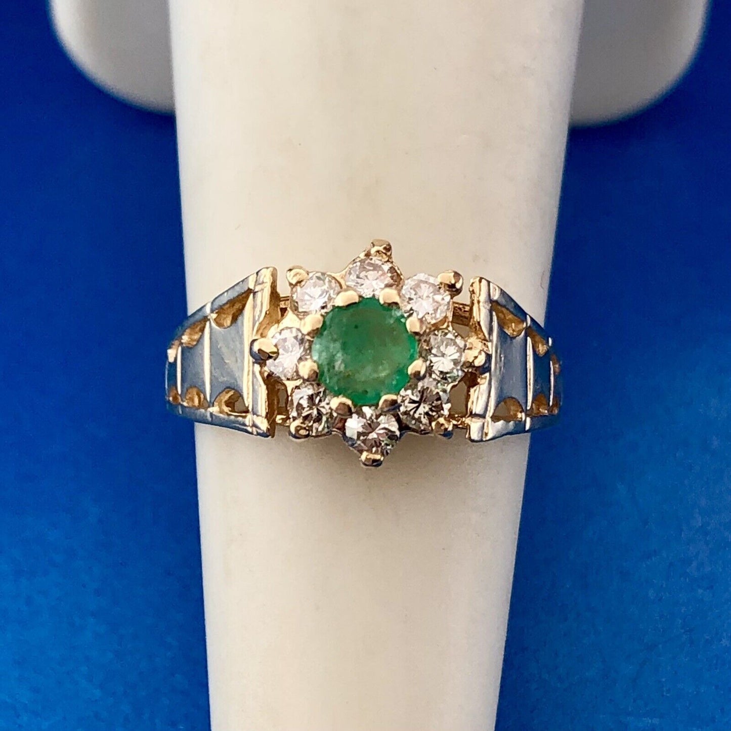 Modernist 14K Yellow Gold Emerald Diamond Halo Floral May Anniversary Ring