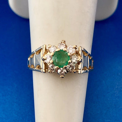 Modernist 14K Yellow Gold Emerald Diamond Halo Floral May Anniversary Ring