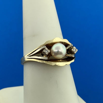 14K Yellow Gold Pearl Diamond Accented June Anniversary Birthstone Occasion Ring