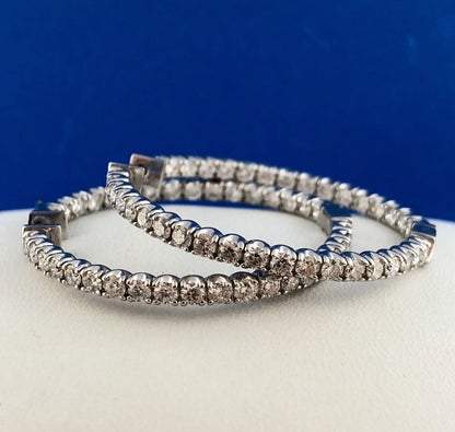 14K White Gold 2ctw Natural Round Diamond Inside Outside Hoop Earrings