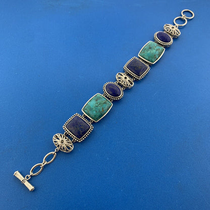ATI Sterling Silver 925 Lapis Lazuli Turquoise Cabochon Panel Toggle Bracelet