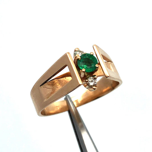 Designer 14K Yellow Gold Green Emerald Diamond Accent Modernist Ring