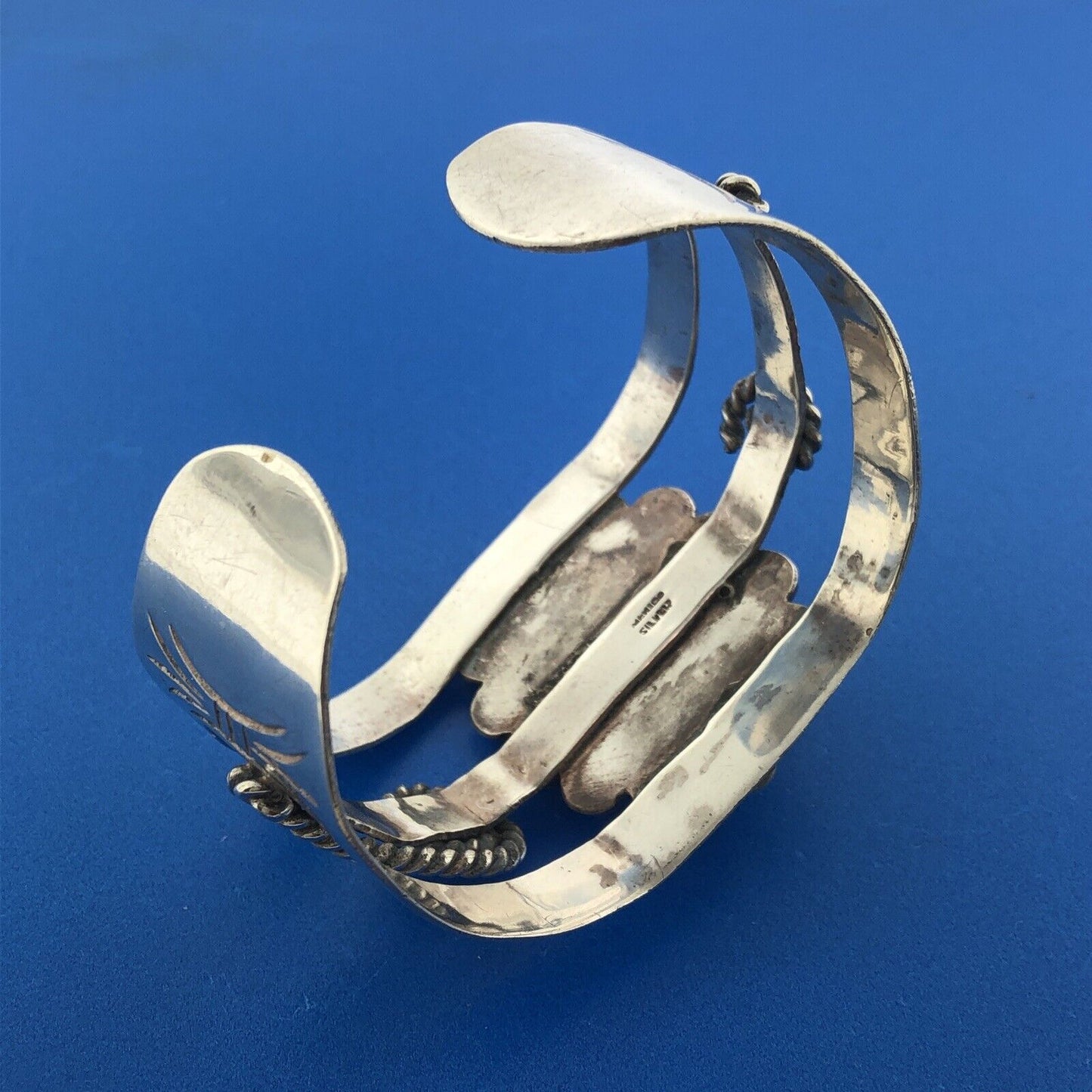 Estate Mexico 925 Sterling Silver Oval Black Onyx Concho Statement Cuff Bracelet