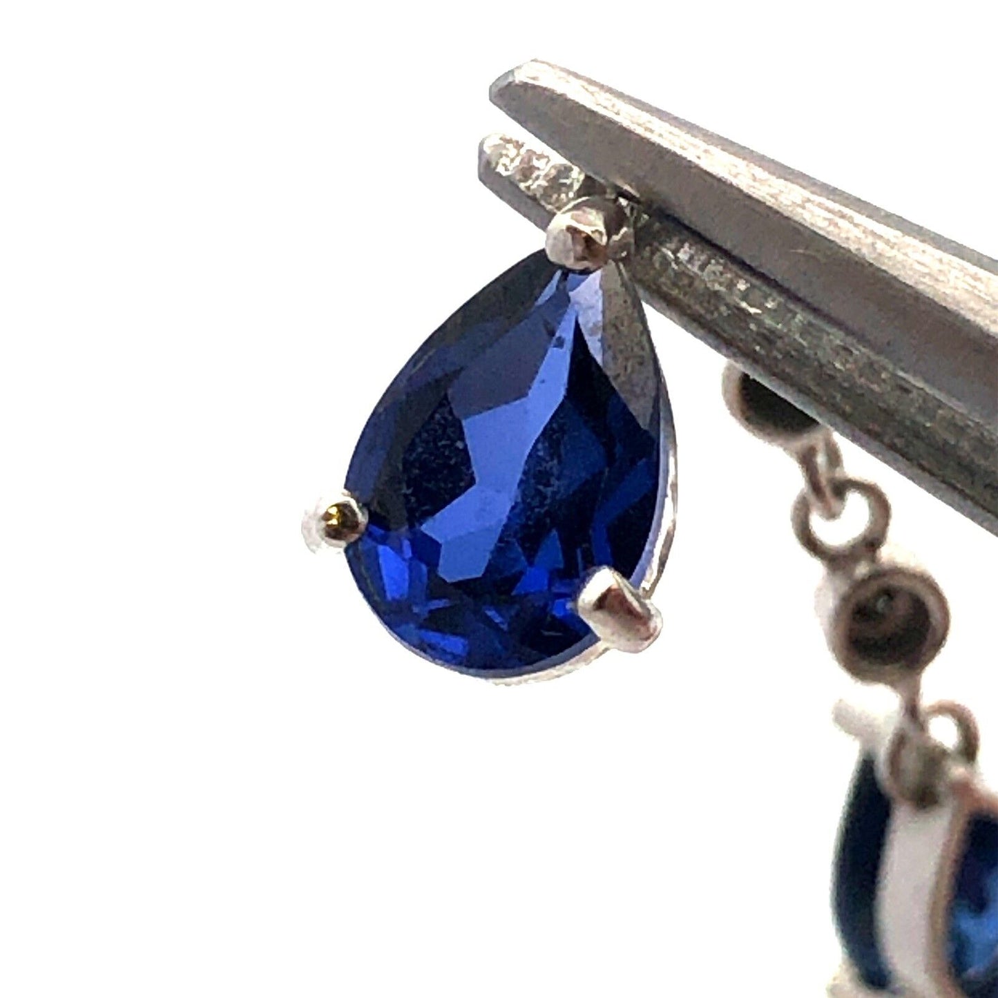 Designer 10K White Gold Pear Cut Blue Sapphire Diamond Drop Dangle Stud Earrings