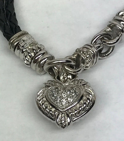 Judith Ripka Sterling Silver 925 Diamonique CZ Heart Charm Leather Bracelet