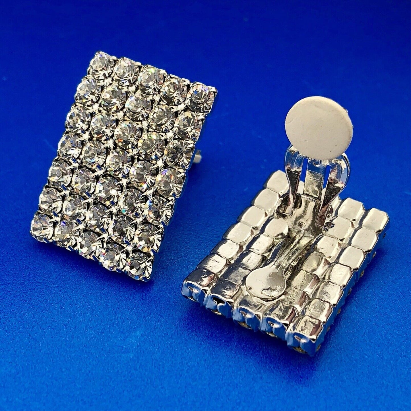 Glitzy Glamorous Silver Tone Crystal Rhinestone Statement Clip On Earrings