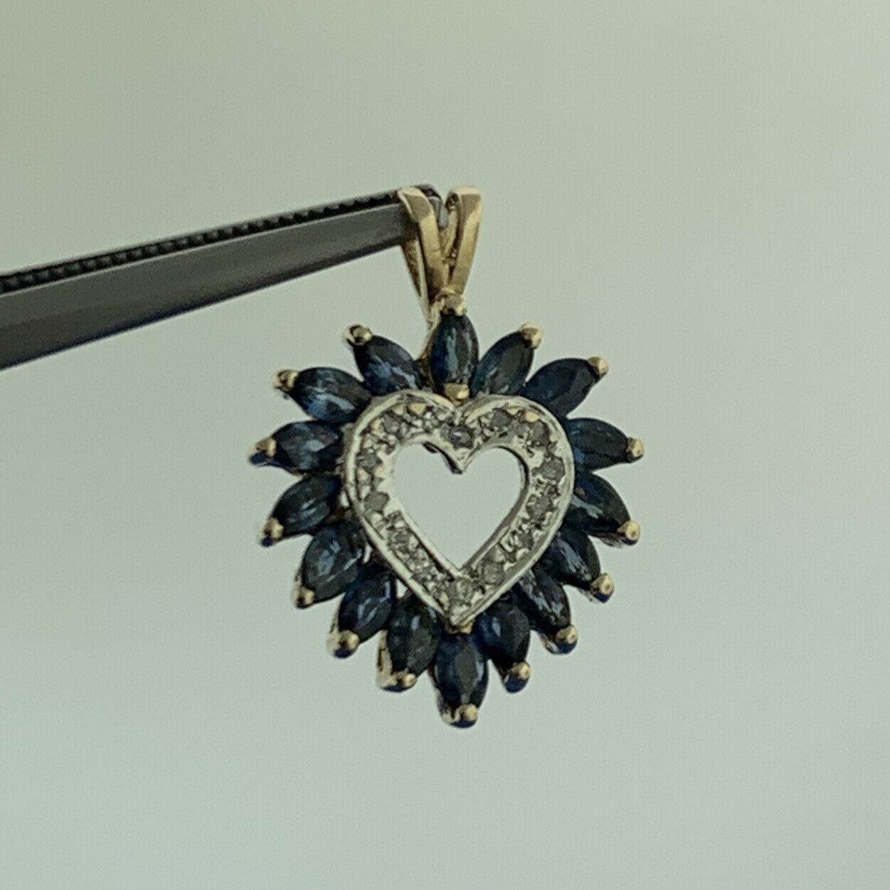 Designer 10k Yellow Gold Marquise Blue Sapphire Diamond Accent Heart Pendant