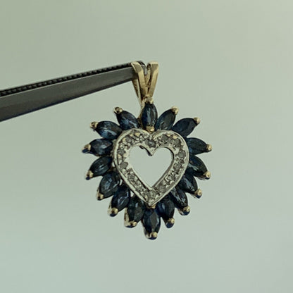 Designer 10k Yellow Gold Marquise Blue Sapphire Diamond Accent Heart Pendant