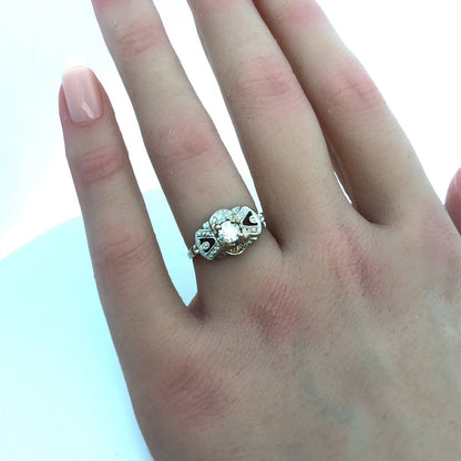 Art Deco 14K White Gold Diamond European Mine Cut Engagement Bridal Ring