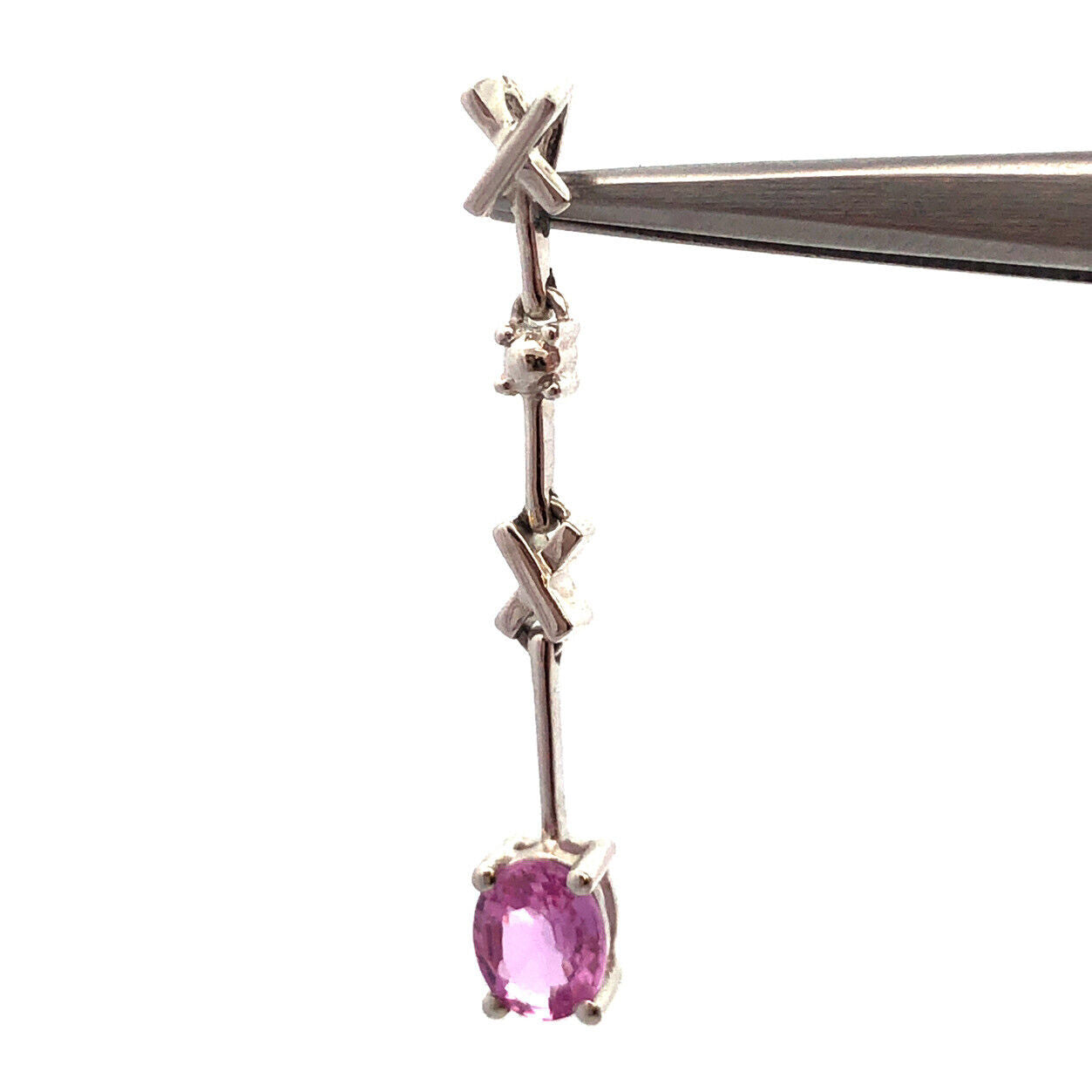 Designer 14K White Gold Oval Pink Topaz Modernist Dangle Pendant