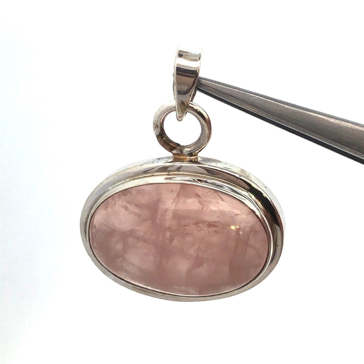 Vintage 925 Sterling Silver Oval Rose Quartz Cabochon Statement Pendant