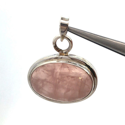 Vintage 925 Sterling Silver Oval Rose Quartz Cabochon Statement Pendant