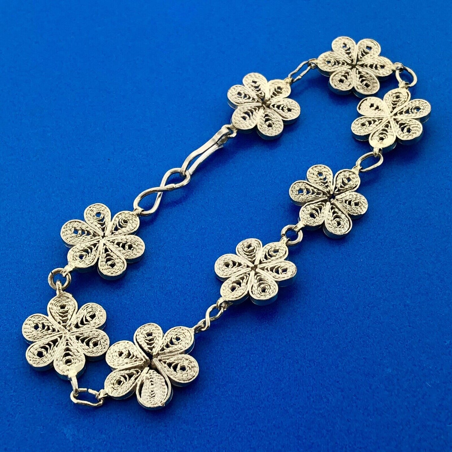 Retro 925 Sterling Silver Vermeil Two Toned Filigree Daisy Flower Panel Bracelet