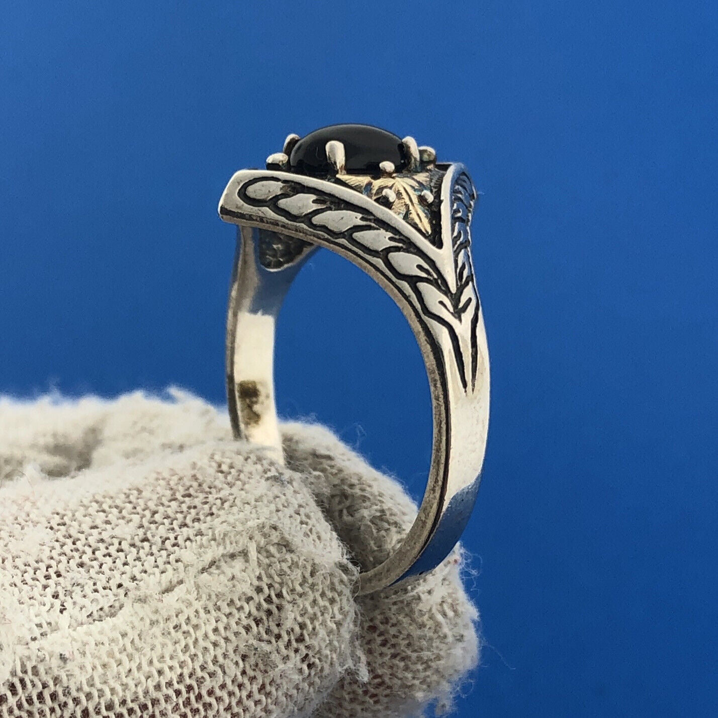 Sterling Silver CCO Coleman Black Onyx Ring with 12k Rose & Yellow Leaf Design