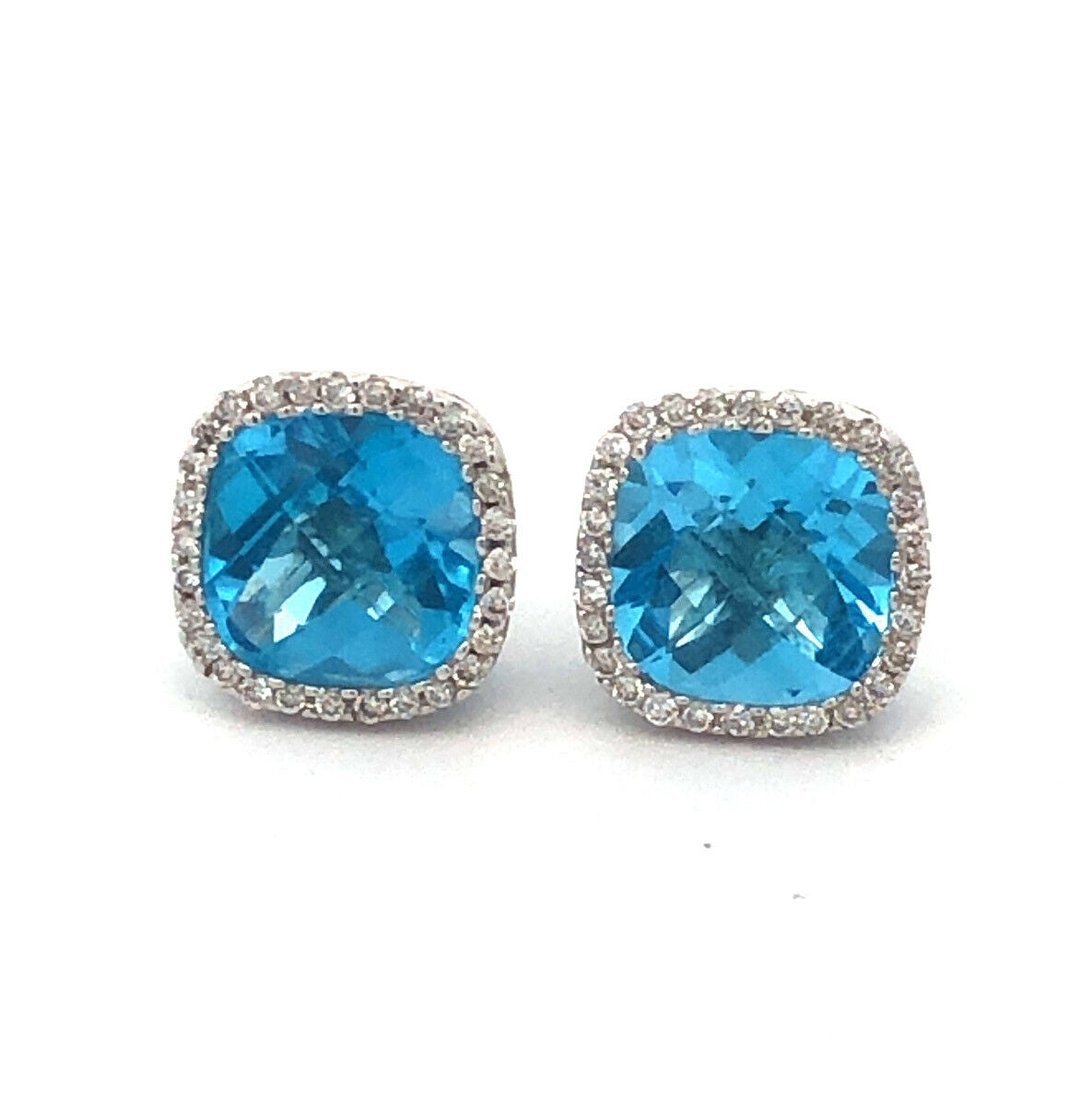 18K White Gold Square Cushion Cut Blue Topaz White Topaz Accents Stud Earrings