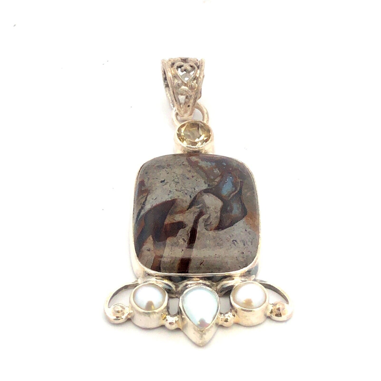 Vintage 925 Sterling Silver Grey Calsi Pearl White Amethyst Scroll Pendant