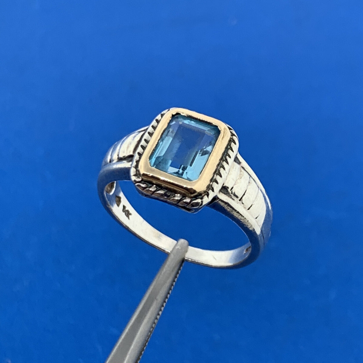 Silpada 14K Yellow Gold 925 Sterling Silver Emerald Cut Blue Topaz Cocktail Ring