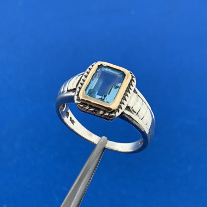 Silpada 14K Yellow Gold 925 Sterling Silver Emerald Cut Blue Topaz Cocktail Ring