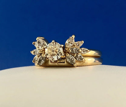 14K Yellow Gold Diamond Solitaire Floral Accent Guard Engagement Bridal Ring Set