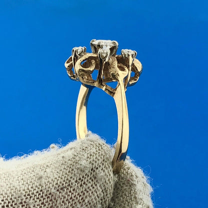 Vintage 14K Yellow Gold Diamond Flower Cluster Ribbon Style Cocktail Ring