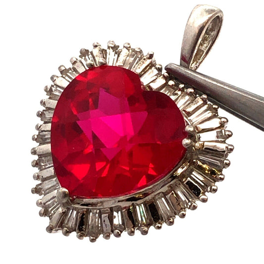 Designer Sterling Silver Cushion Ruby Diamond Accented Heart Statement Pendant