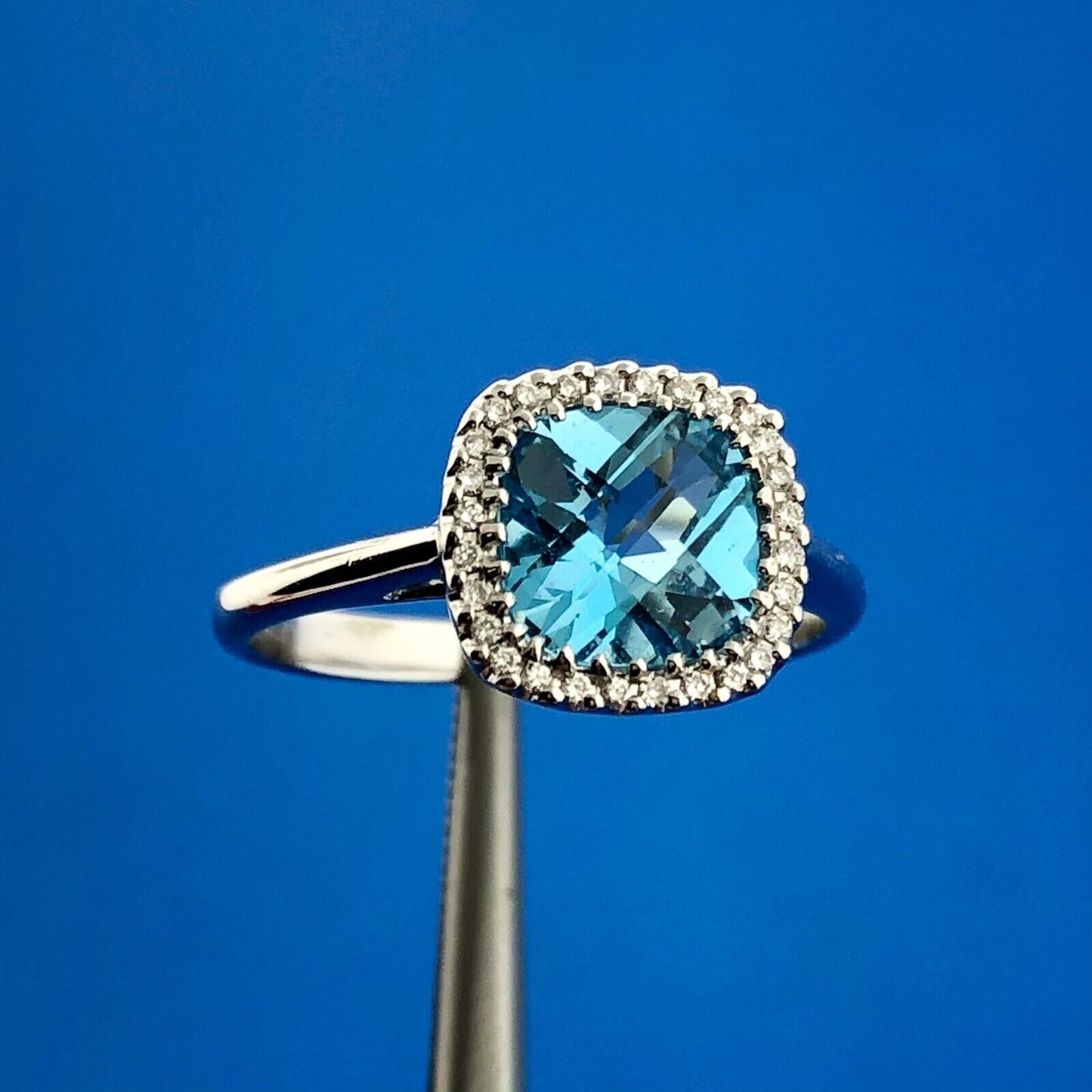 18K White Gold Square Blue Topaz Diamond Halo December Anniversary Ring