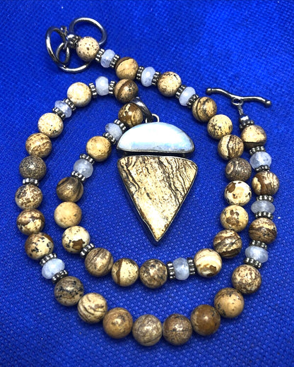 Modernist 925 Sterling Silver Brown Jasper Moonstone Pendant Statement Necklace