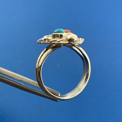 Stunning Sterling Silver 925 Turquoise Coral Floral Short Finger Ring Size 7.75