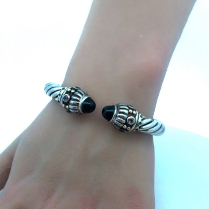 Designer 14K Gold 925 Sterling Silver Amethyst Black Onyx Cable Cuff Bracelet