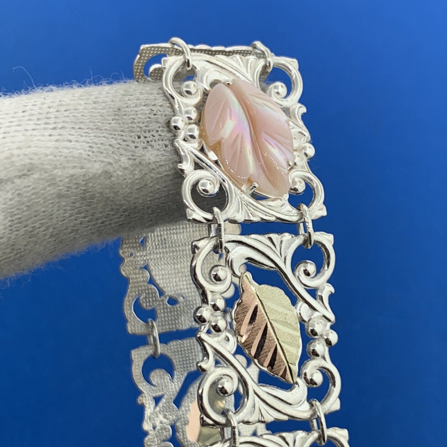 925 Sterling Silver 12K Yellow Rose Gold Mother Of Pearl Leaf Panel Bracelet