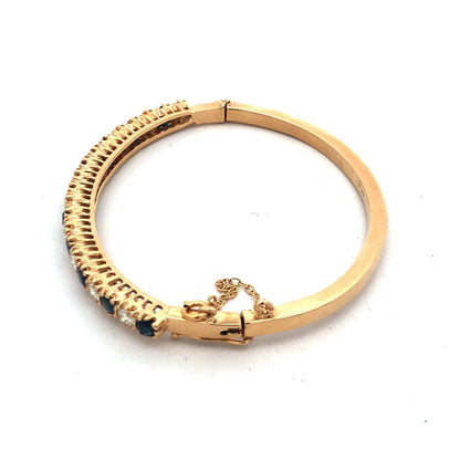 Stunning 14K Yellow Gold Diamond Sapphire September Hinged Bangle Bracelet