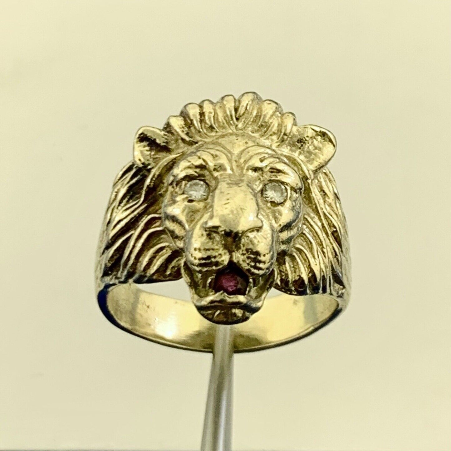 Custom 14K Yellow Gold Diamond Eyes Ruby Mouth Lions Head Statement Ring