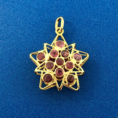 18K Yellow Gold Ruby Cluster Starburst Snowflake Flower July Charm Pendant
