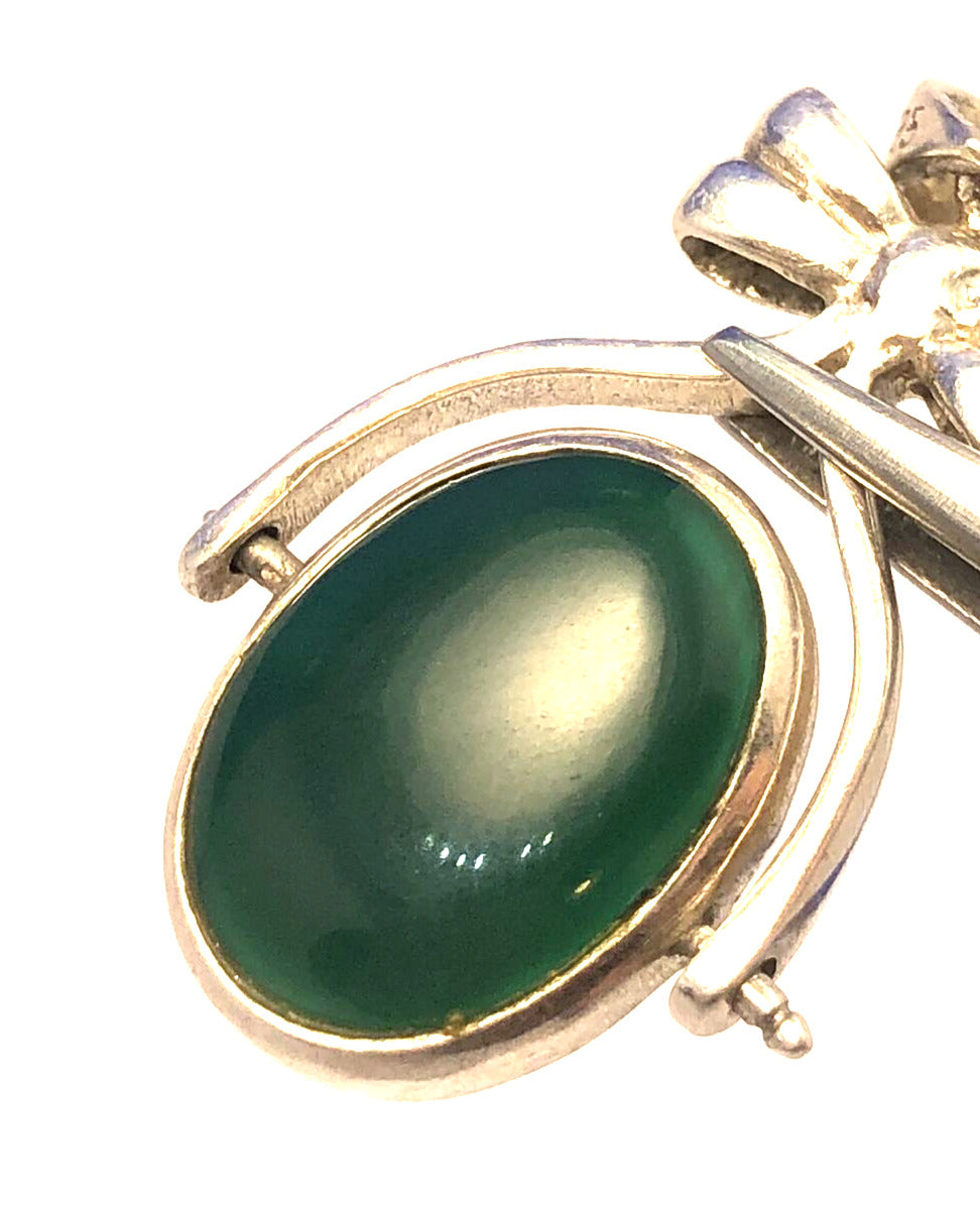 Designer A 925 Sterling Silver Oval Green Onyx and Carnelian Bow Spinner Pendant