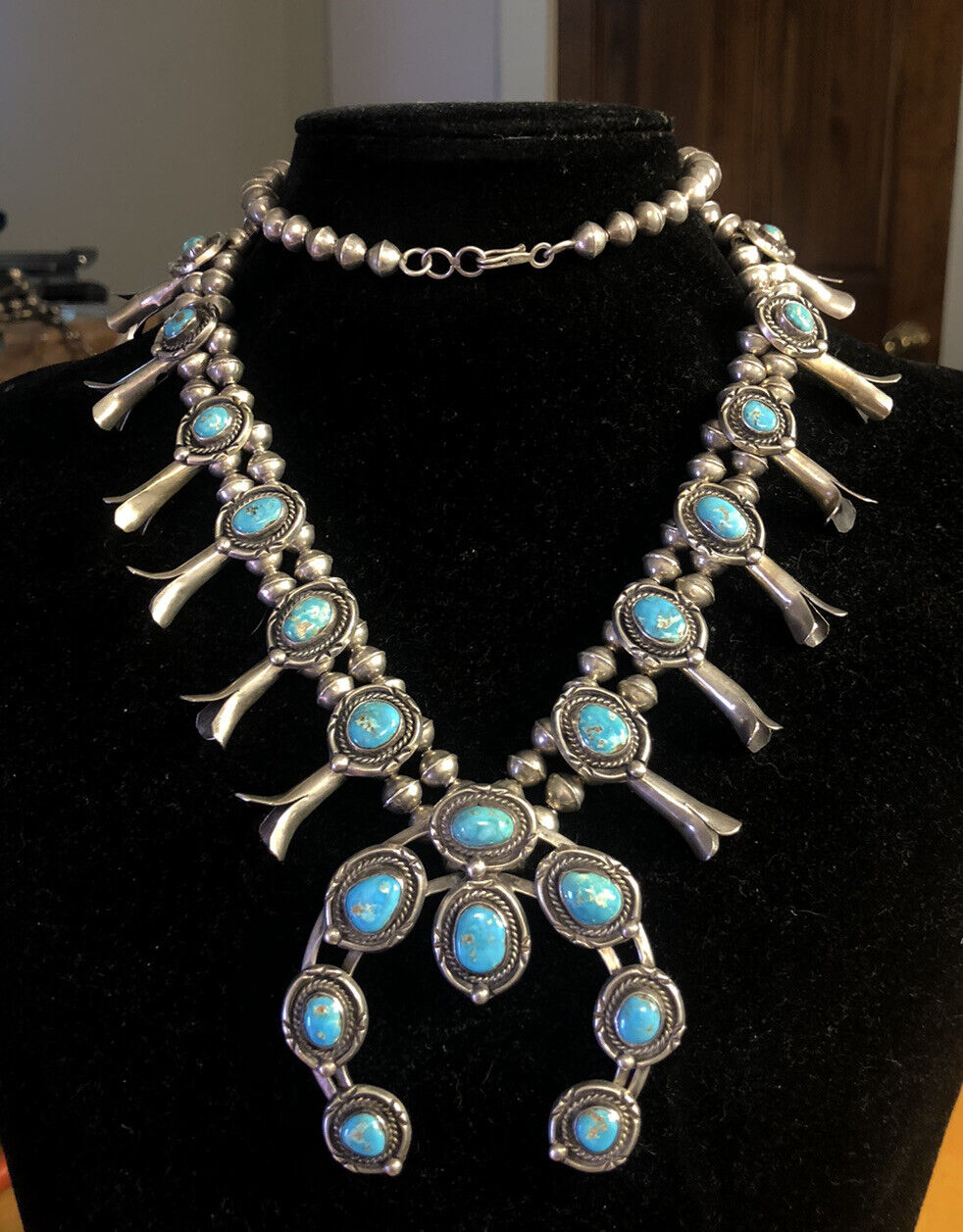 Vintage Native American 925 Sterling Silver Turquoise Squash Blossom Necklace