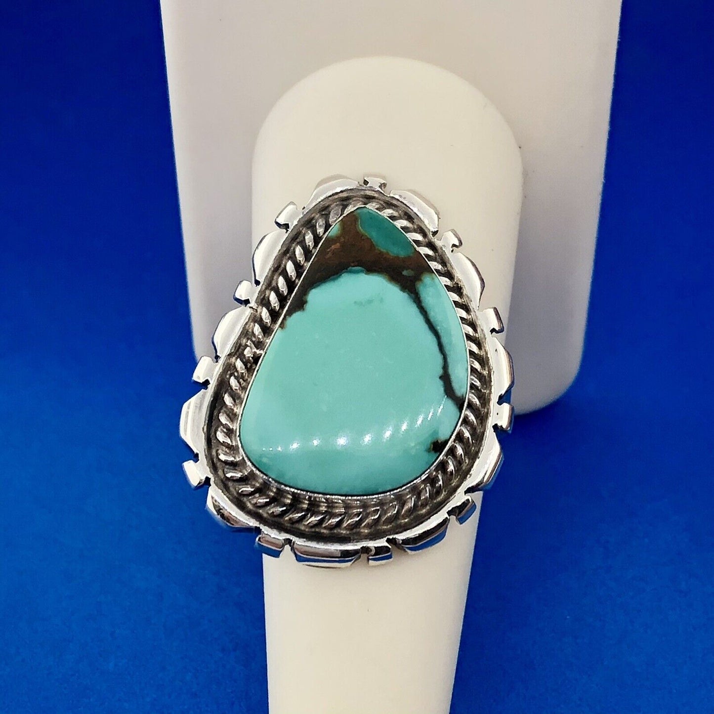 Native American Unsigned 925 Sterling Silver Turquoise Trilliant Statement Ring