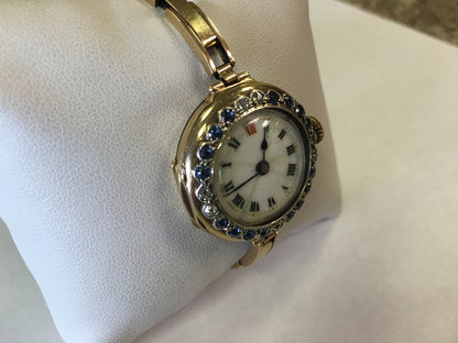 Ladies Vintage Victorian 14K Yellow Gold Diamond Sapphire Watch Adjusting Band