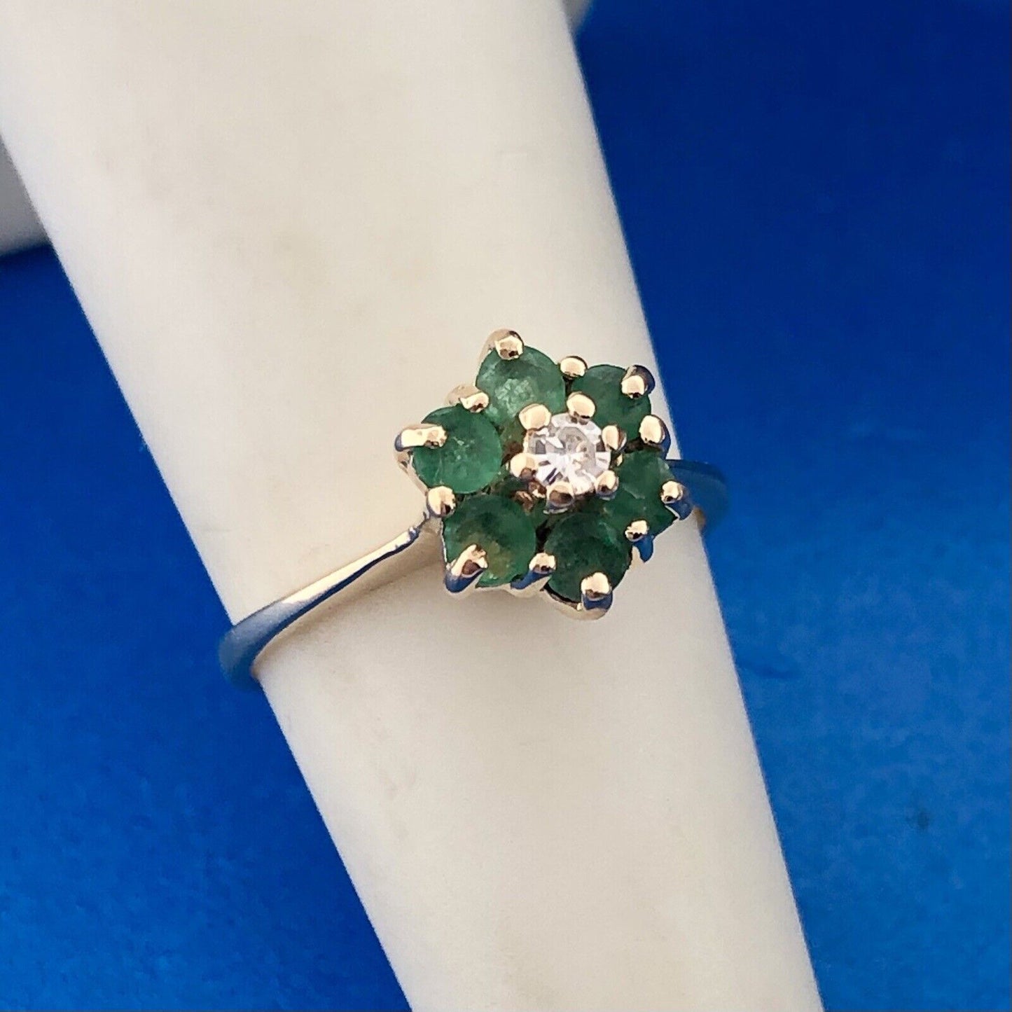 Vintage 14K Yellow Gold Designer Emerald Diamond Cluster May Anniversary Ring