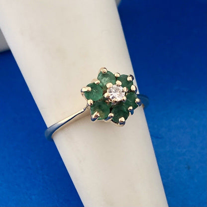 Vintage 14K Yellow Gold Designer Emerald Diamond Cluster May Anniversary Ring
