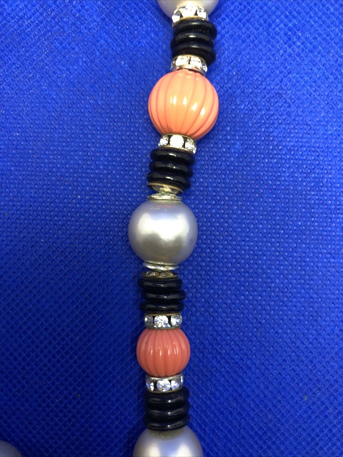 1970's Faux Pearl Onyx Coral Rhinestone Beaded Statement Necklace