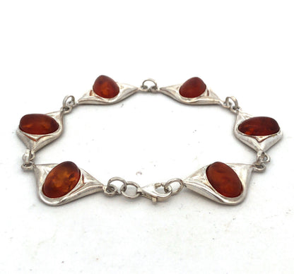 Modernist 925 Sterling Silver Oval Amber Cabochon Link Tennis Bracelet