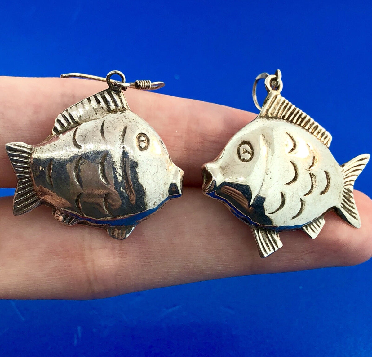 Retro Sterling Silver 925 Puffy Goldfish Blowfish Nemo Drop Dangle Earrings