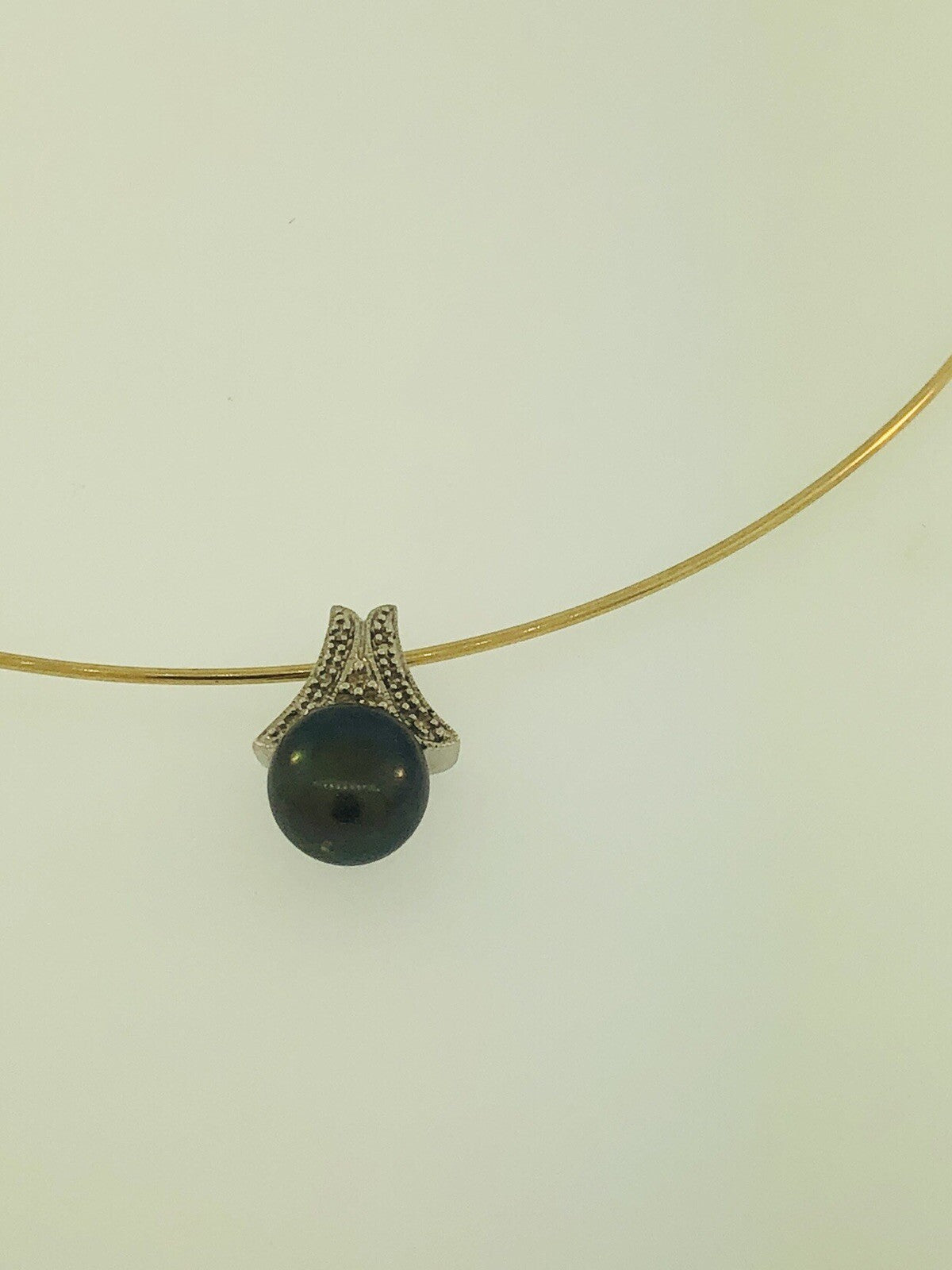 Retro 10K White Gold Black Tahitian Pearl Diamond Slide Charm Pendant