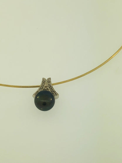 Retro 10K White Gold Black Tahitian Pearl Diamond Slide Charm Pendant