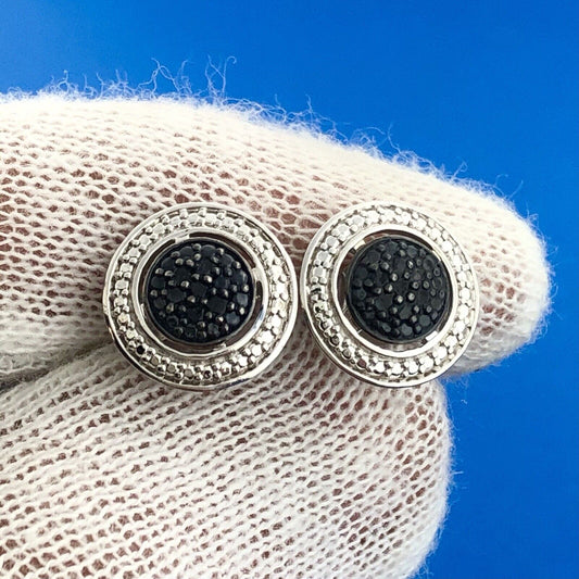 Designer UD 925 Sterling Silver Black White Illusion Button Stud Earrings