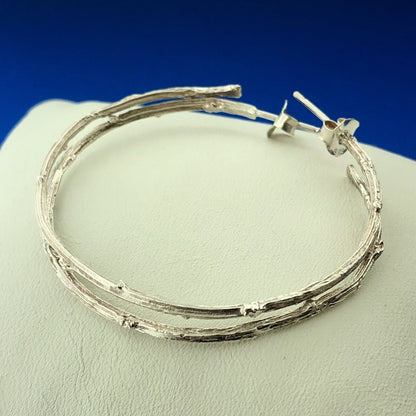 Sterling Silver 925 Bamboo Twig Nodule Textured Statement Hoop Earrings