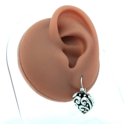 Vintage 925 Sterling Silver Scroll Swirl Puffy Heart Hook Dangle Earrings