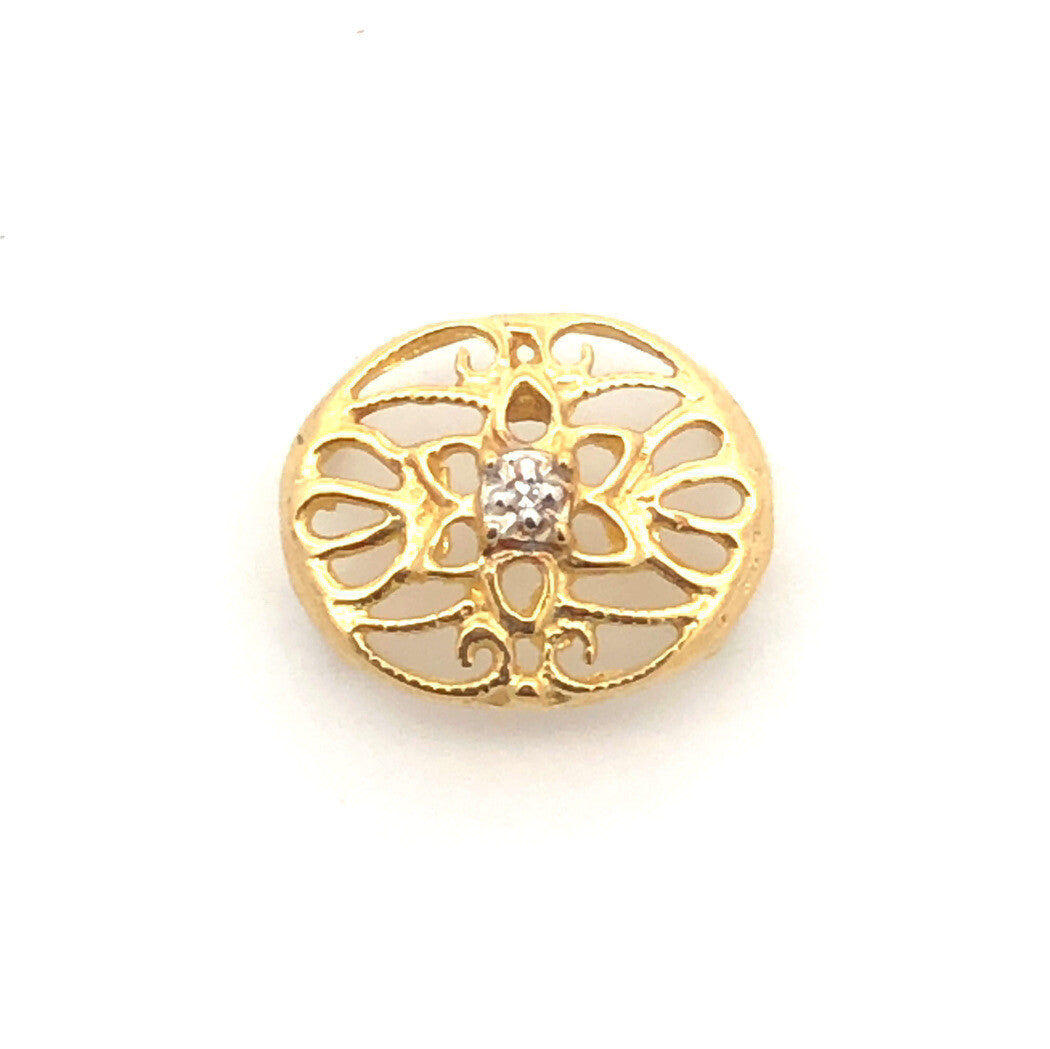 Designer 10K Yellow Gold Diamond Floral Scroll Oval Slide Bracelet Charm