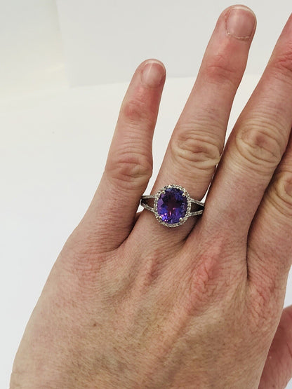 Designer 14K White Gold Oval Amethyst Diamond Halo Wedding Engagement Ring